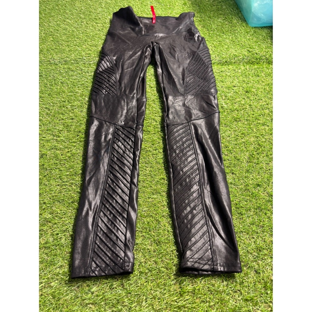 SPANX leggings Womens Large Black Faux Leather Moto Stitch